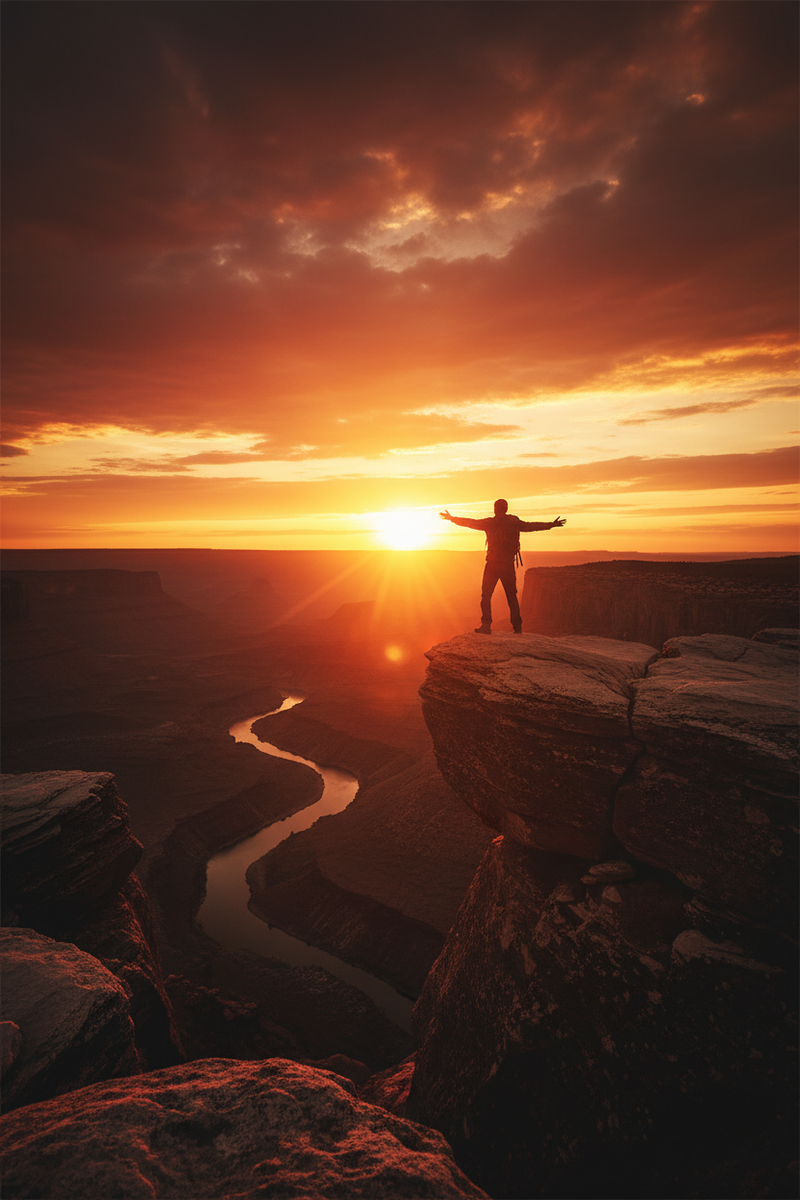 Dramatic silhouette on cliff at sunset