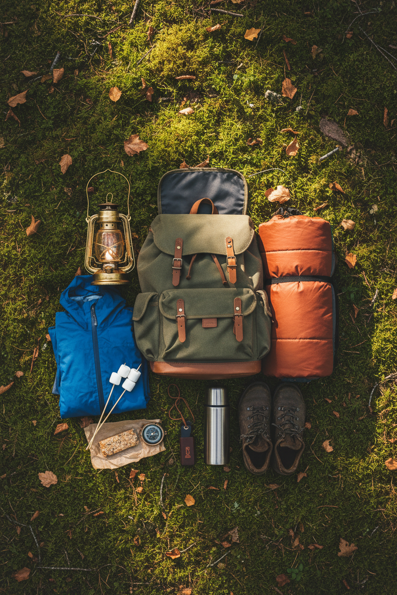 Gear flat lay on forest floor