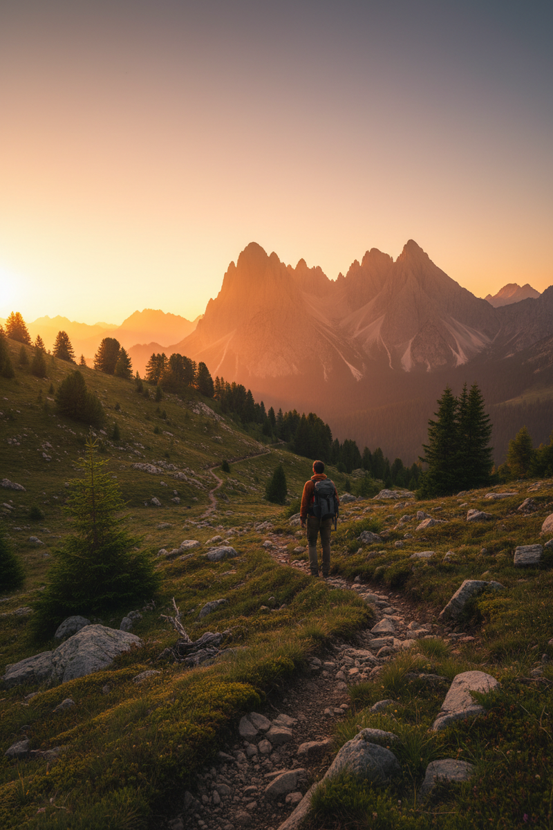 Hiker on mountain trail at golden hour