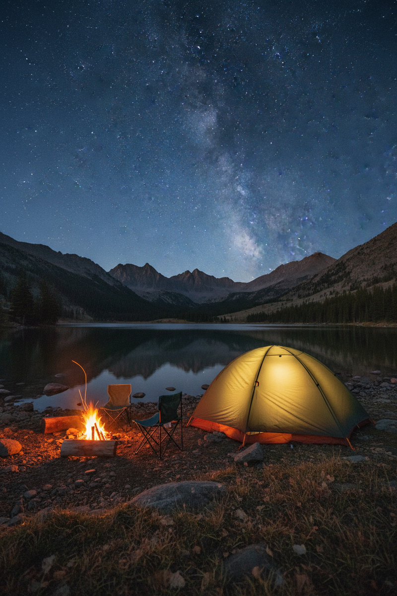 Tent by lake at dusk under stars